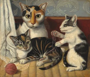Katt og kattunger, ca. 1872-1883 (olje på kvernbrett)